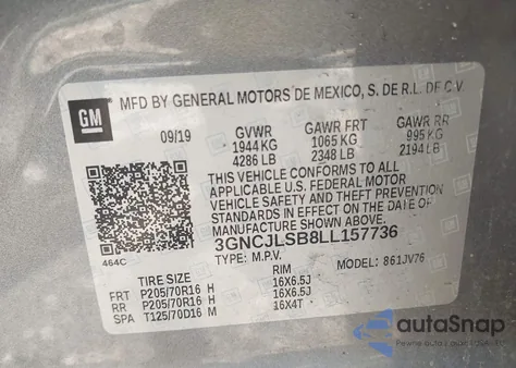 2020 Chevrolet Trax Fwd Lt из США, поврежденный, VIN 3GNCJLSB8LL157736